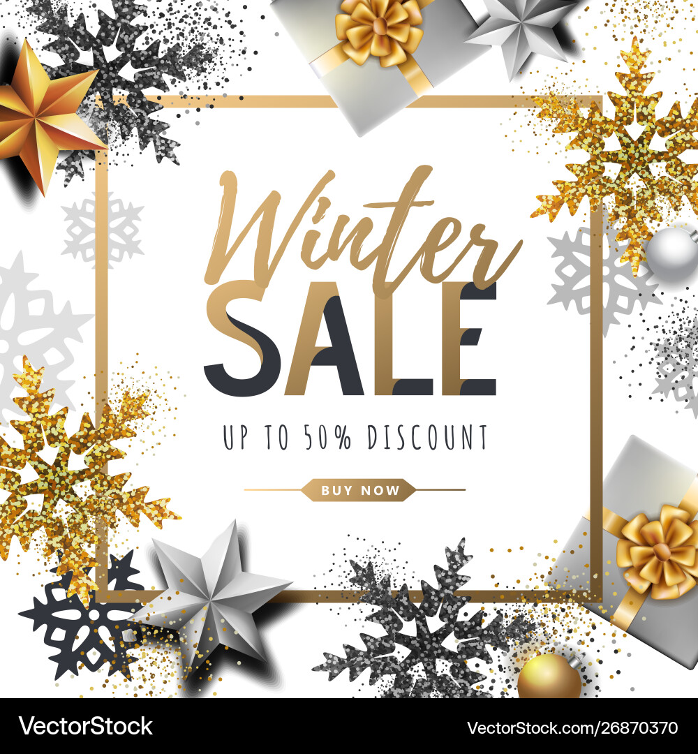 Winter Sale Poster with Golden Snowflakes Vector Image