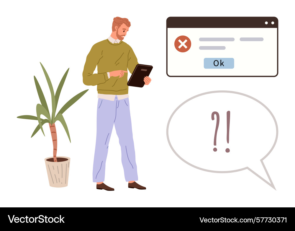 Confused man with a tablet facing an error message Confused man with a tablet facing an error message vector image