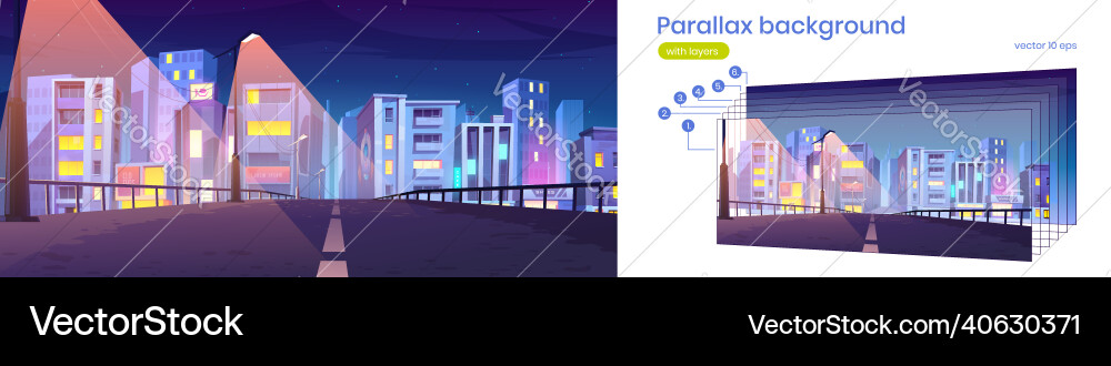 Parallax background night city bridge view layers Parallax background night city bridge view layers vector image