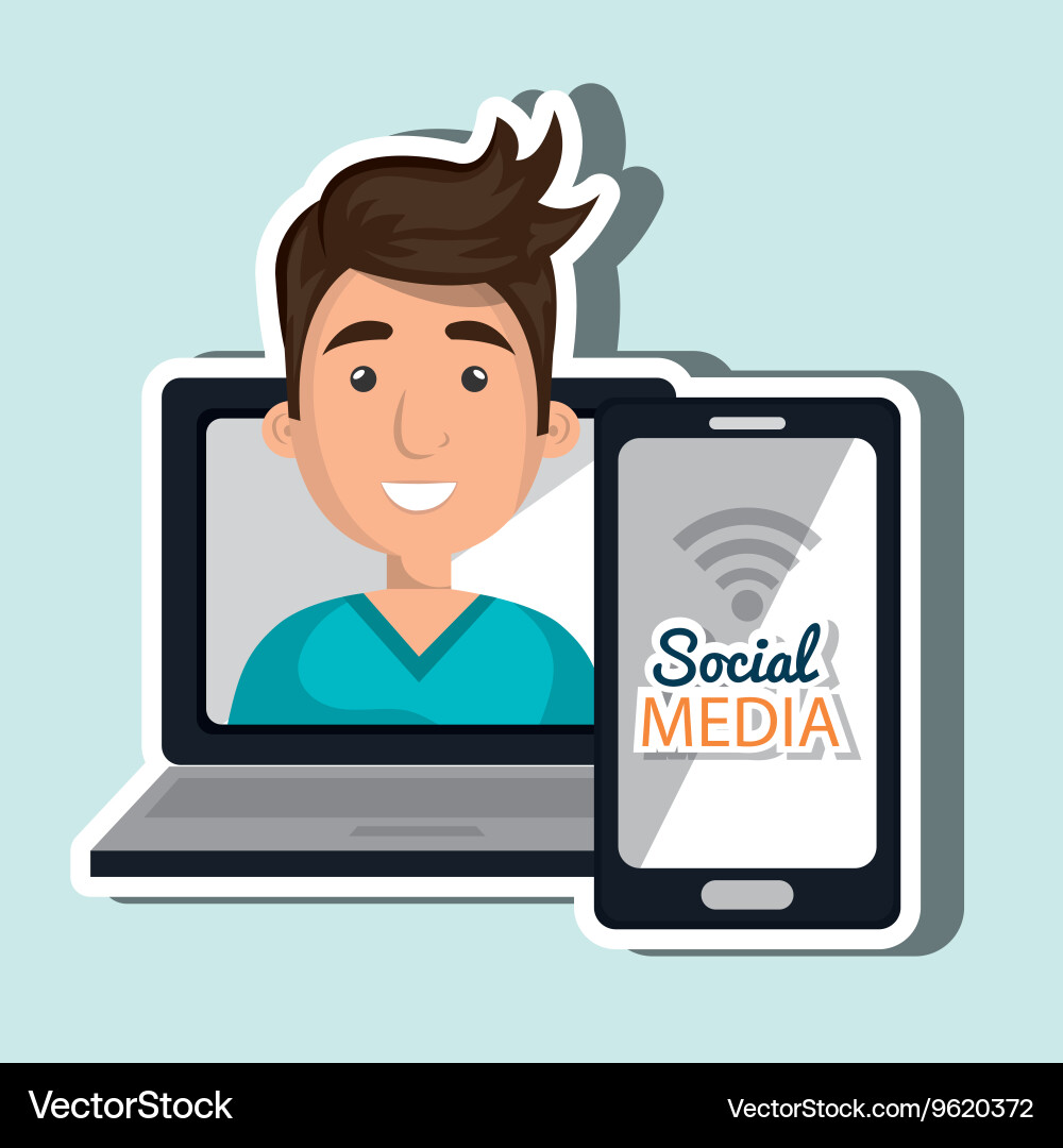 Laptop user with social networking smartphone Vector Image