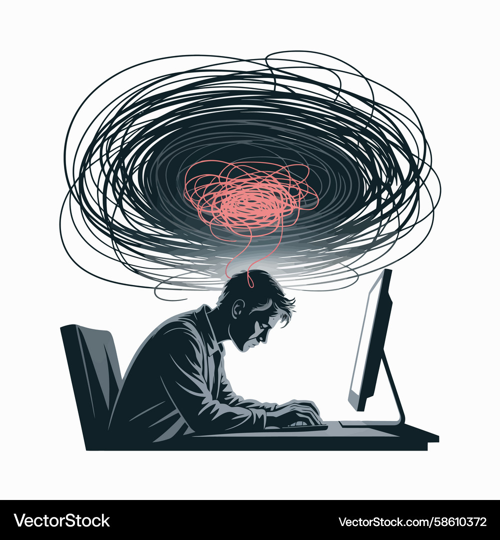 Man overwhelmed by chaotic thoughts while working Vector Image