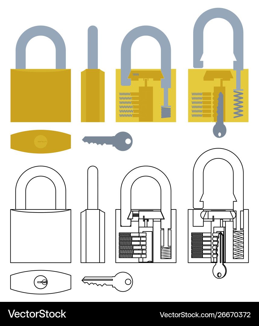 Padlock mechanism working colored and outline only vector image