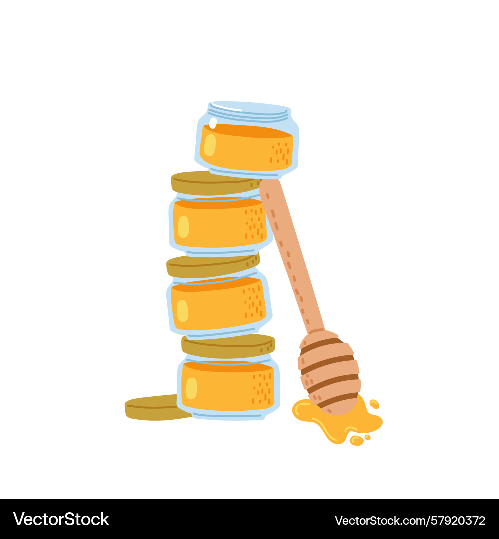 Stack of honey jars with dipper placed Stack of honey jars with dipper placed Vector Image