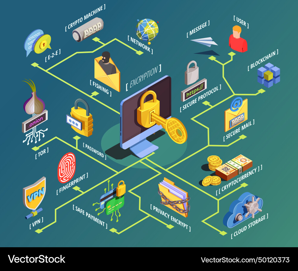 Data encryption isometric flowchart Data encryption isometric flowchart Vector Image