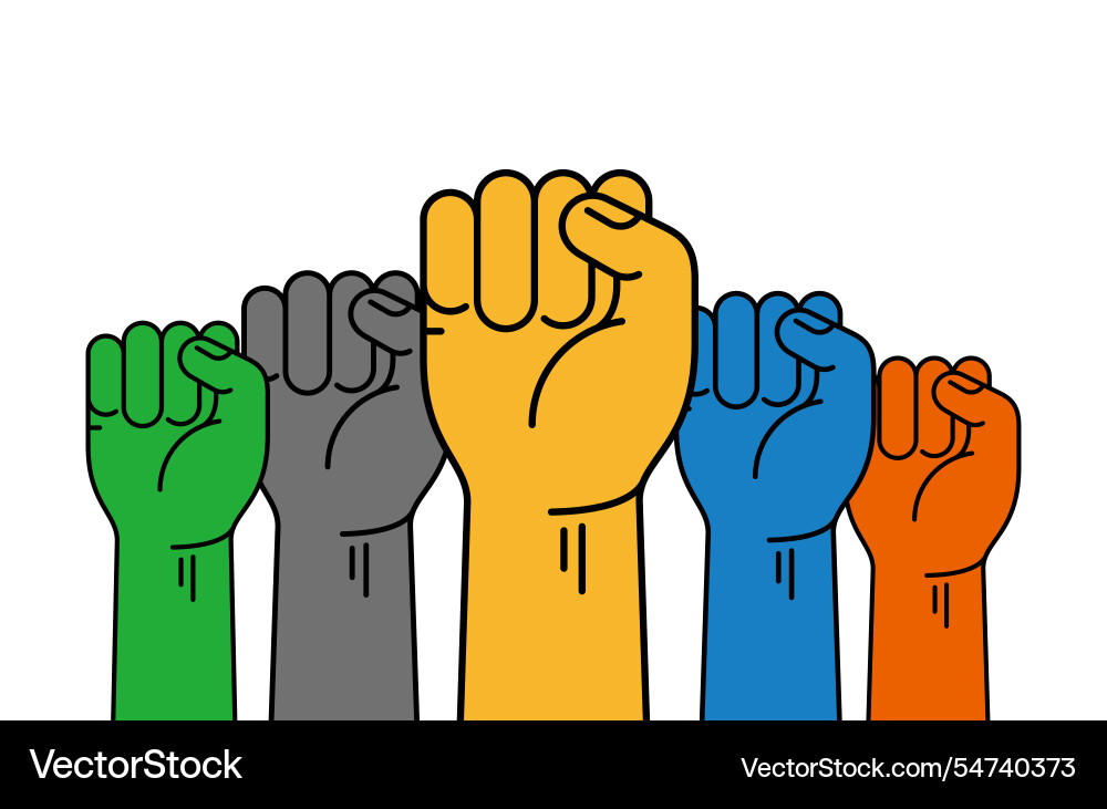 Five fists raise up the power of unity Five fists raise up the power of unity Vector Image
