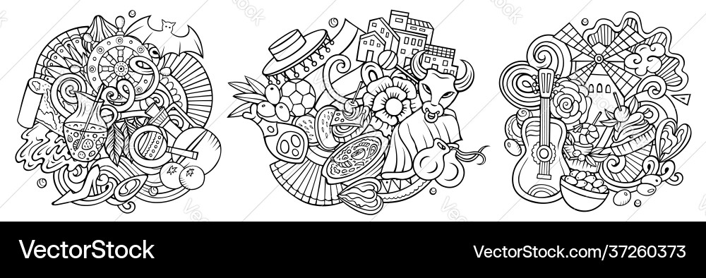 Spanien Cartoon Doodle Designs Set Spanien Cartoon Doodle Designs Set vektorbild