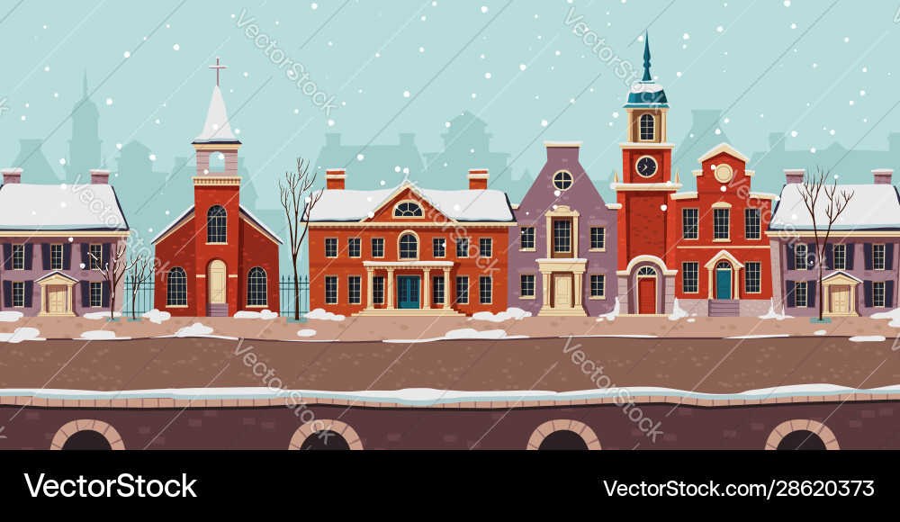 Stadtstraße Winterlandschaft Kolonialgebäude Stadtstraße Winterlandschaft Kolonialgebäude vektorbild
