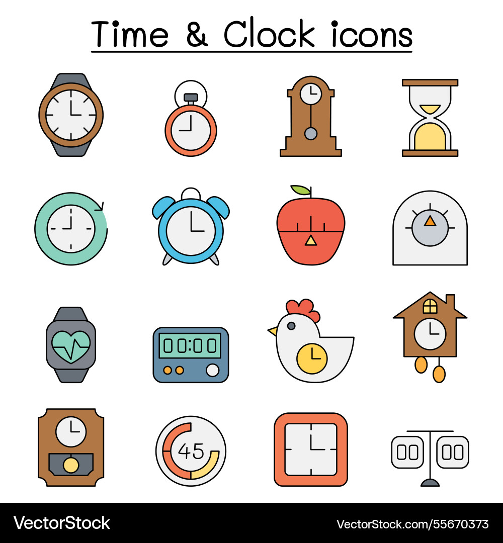 Time and clock icon set in color line style Time and clock icon set in color line style vector image