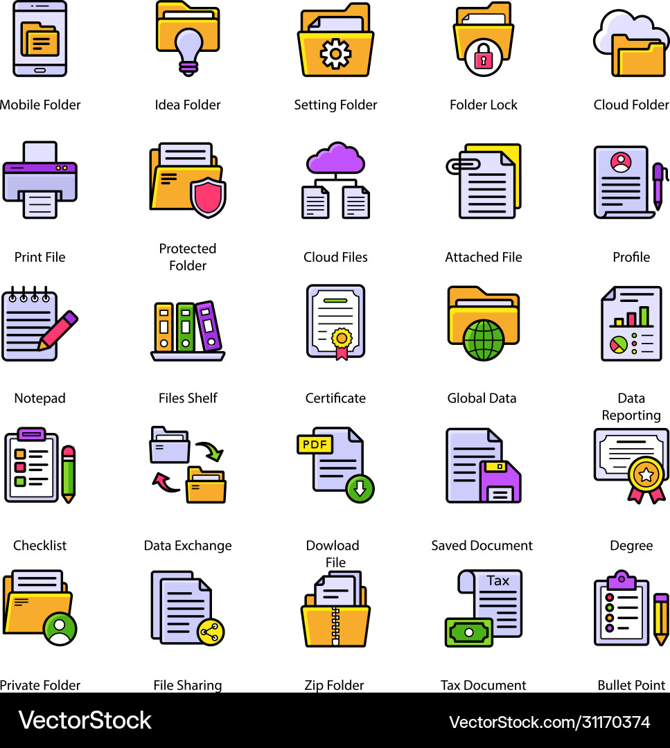 Files folders and certificates flat icons pack Vector Image