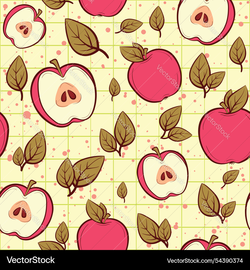 Seamless pattern with red apples and leaves vector image
