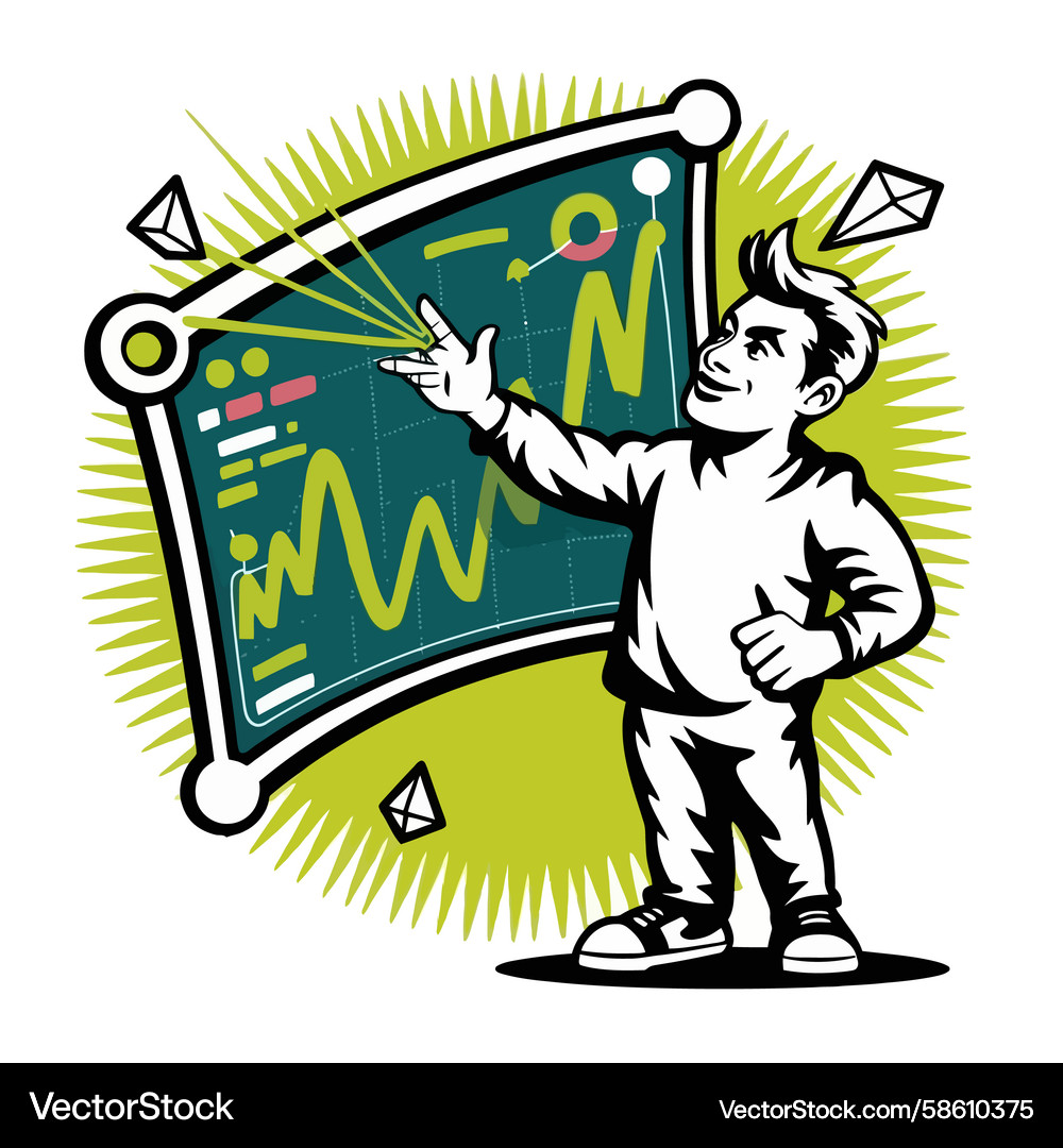 Man points to glowing data screen with charts Vector Image