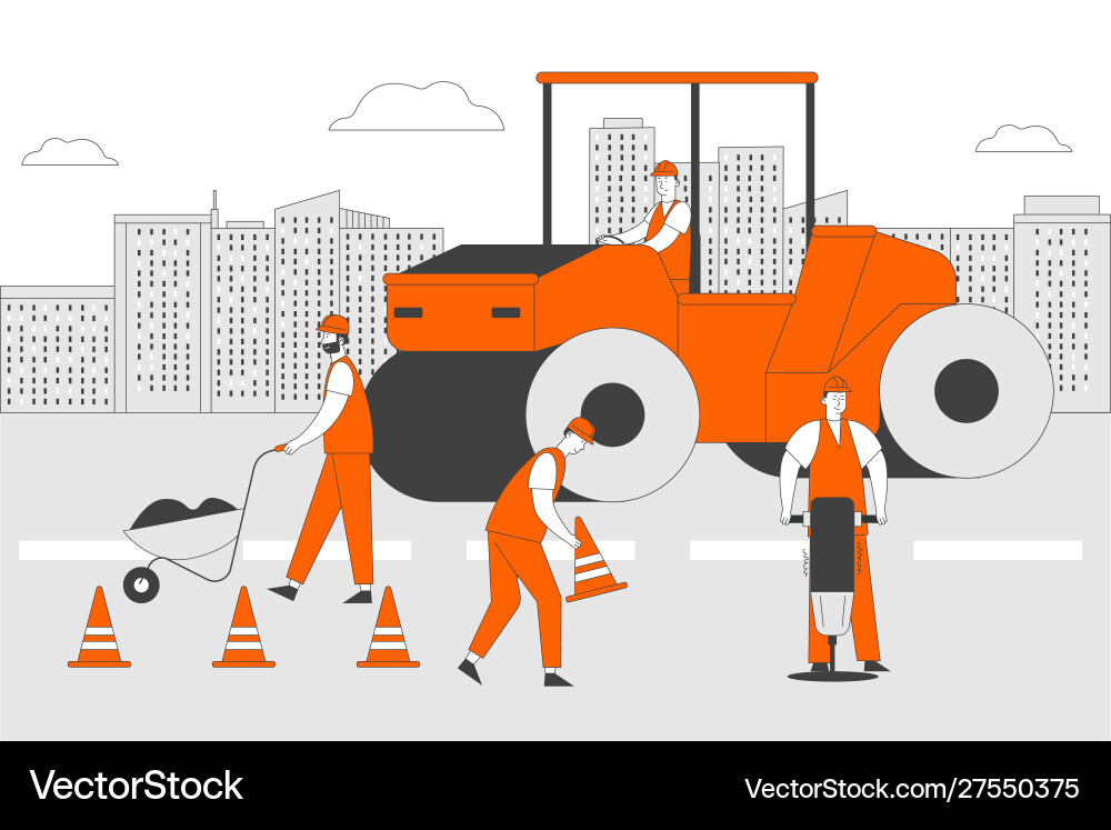 Roadwork and asphalt paving men in overall Roadwork and asphalt paving men in overall vector image