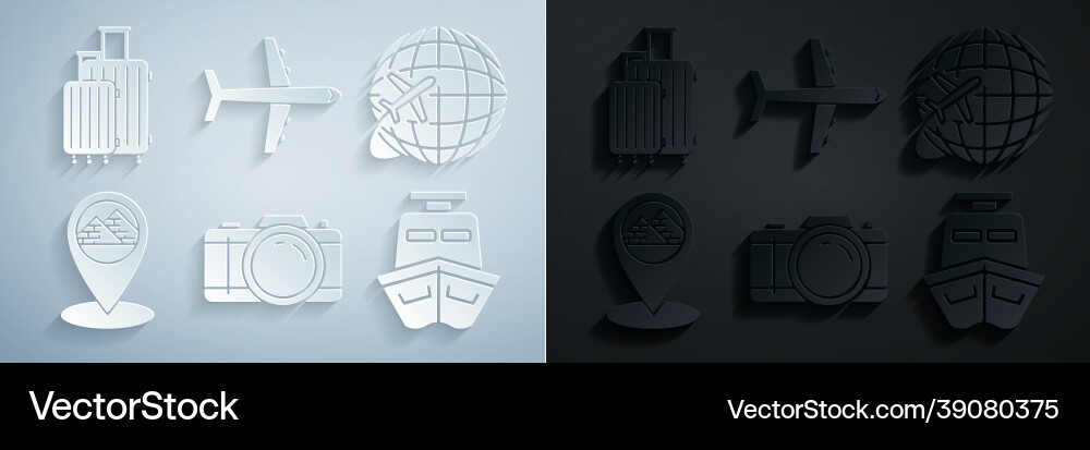 Set photo camera globe with flying plane map Set photo camera globe with flying plane map vector image