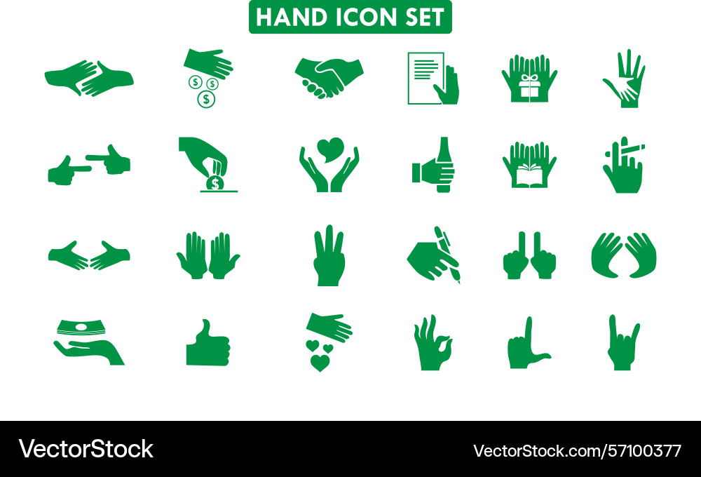 Green hand icon set for gestures actions and com Green hand icon set for gestures actions and com Vector Image