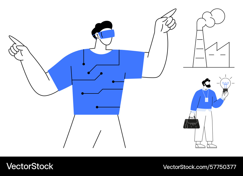 Man in vr gear gesturing with circuit board design vector image