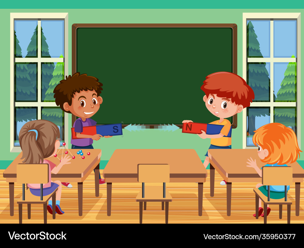 Student Using Magnet Young student doing magnet experiment Royalty Free Vector