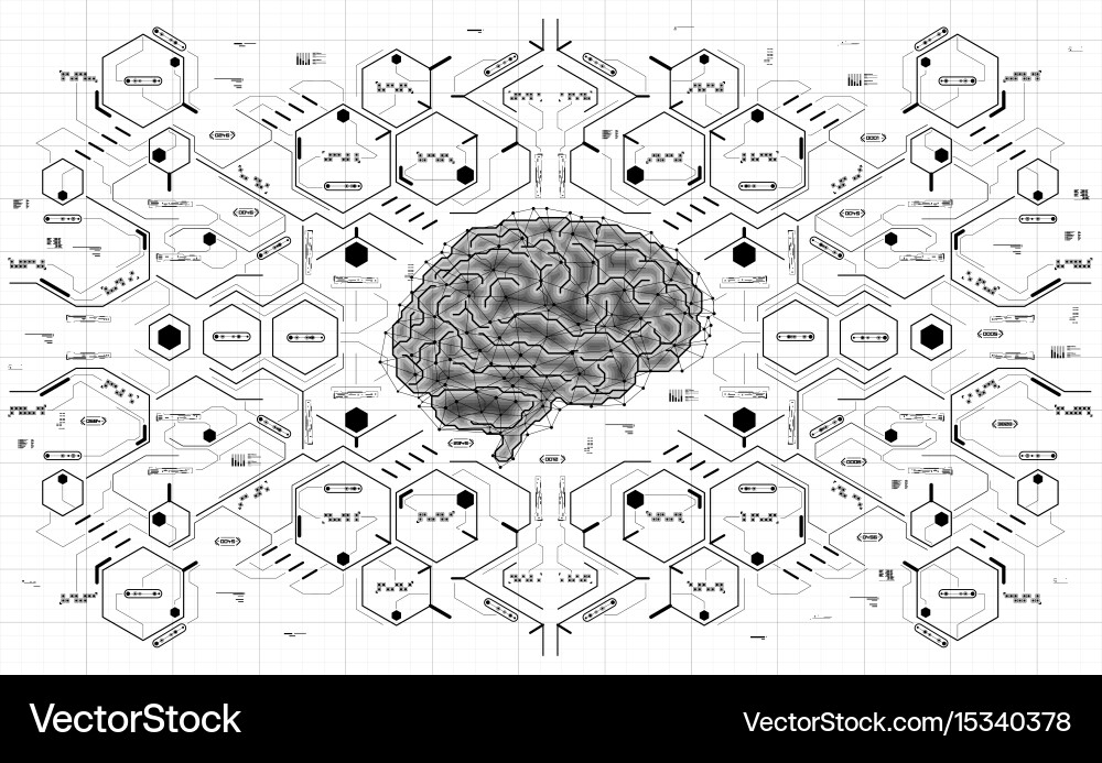 Conceptual polygonal brain with hud elements vector image