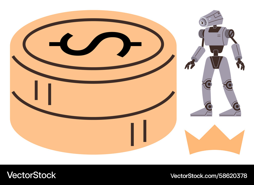 Robot with Coin Stack & Crown Vector Image