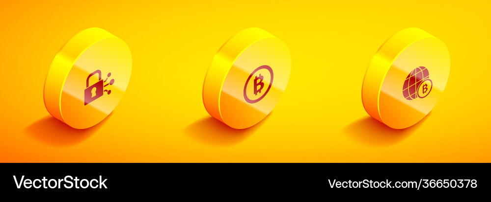 Set isometric lock with bitcoin and globe Vector Image