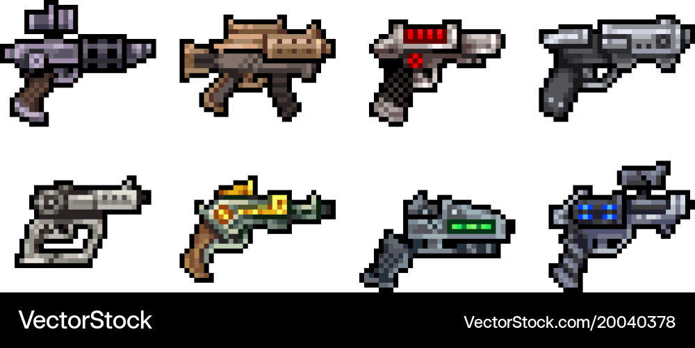 Set of weapon icons in pixel style vector image