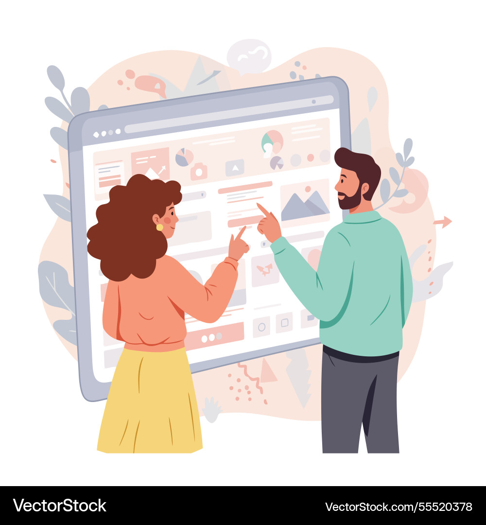 Team reviewing website analytics and data vector image