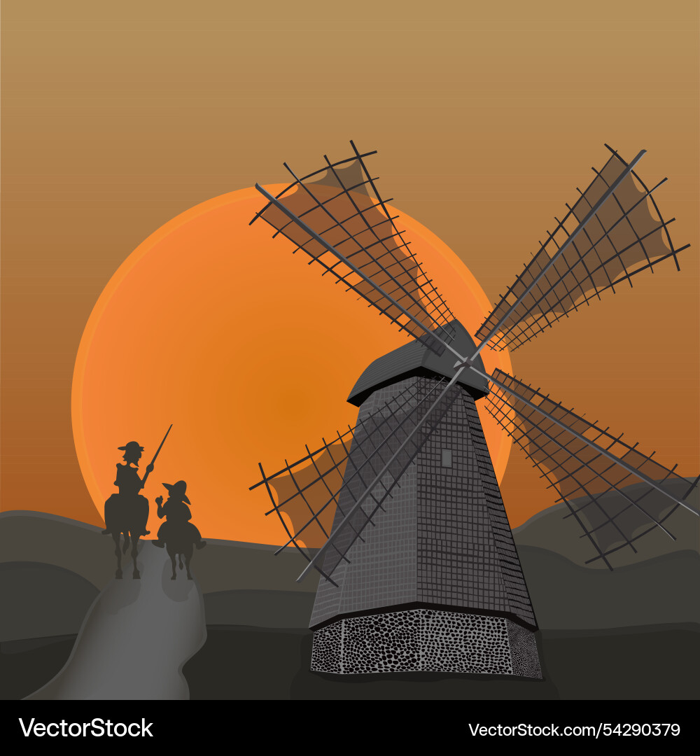 Mill and don quixote a representation Mill and don quixote a representation Vector Image