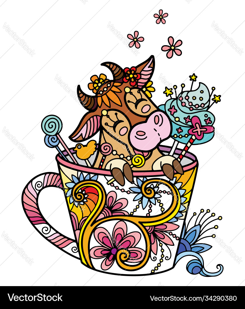 Colored kawaii cute cow in a cup vector image