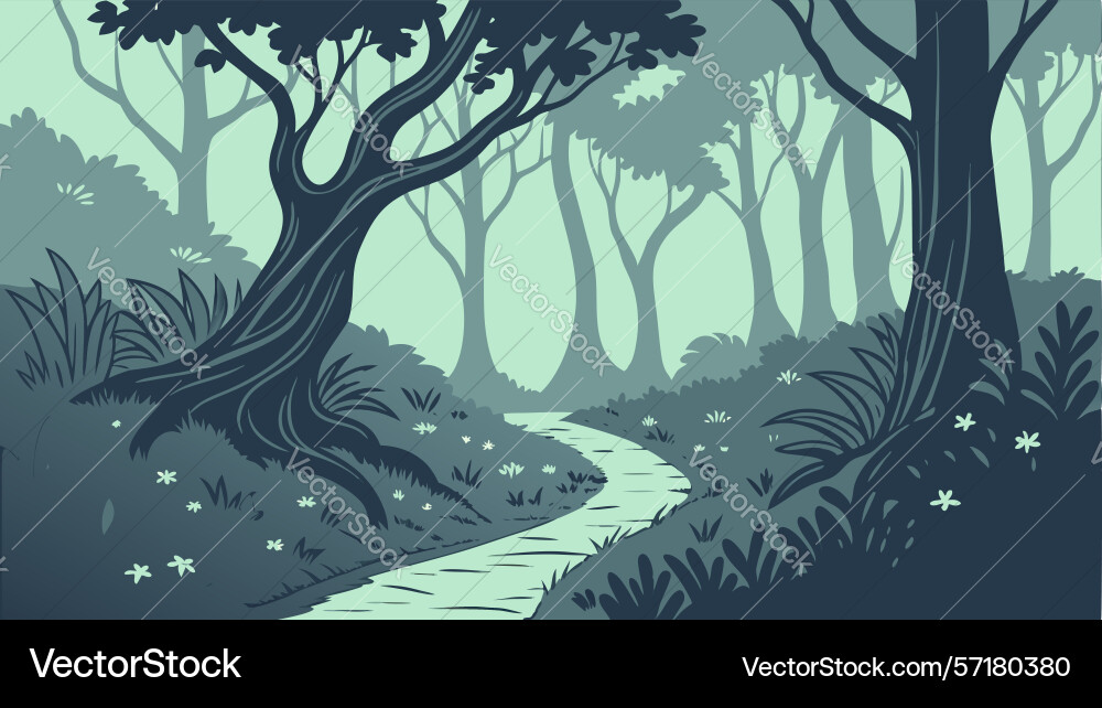 Deep forest trail twisted trees and mysterious vector image