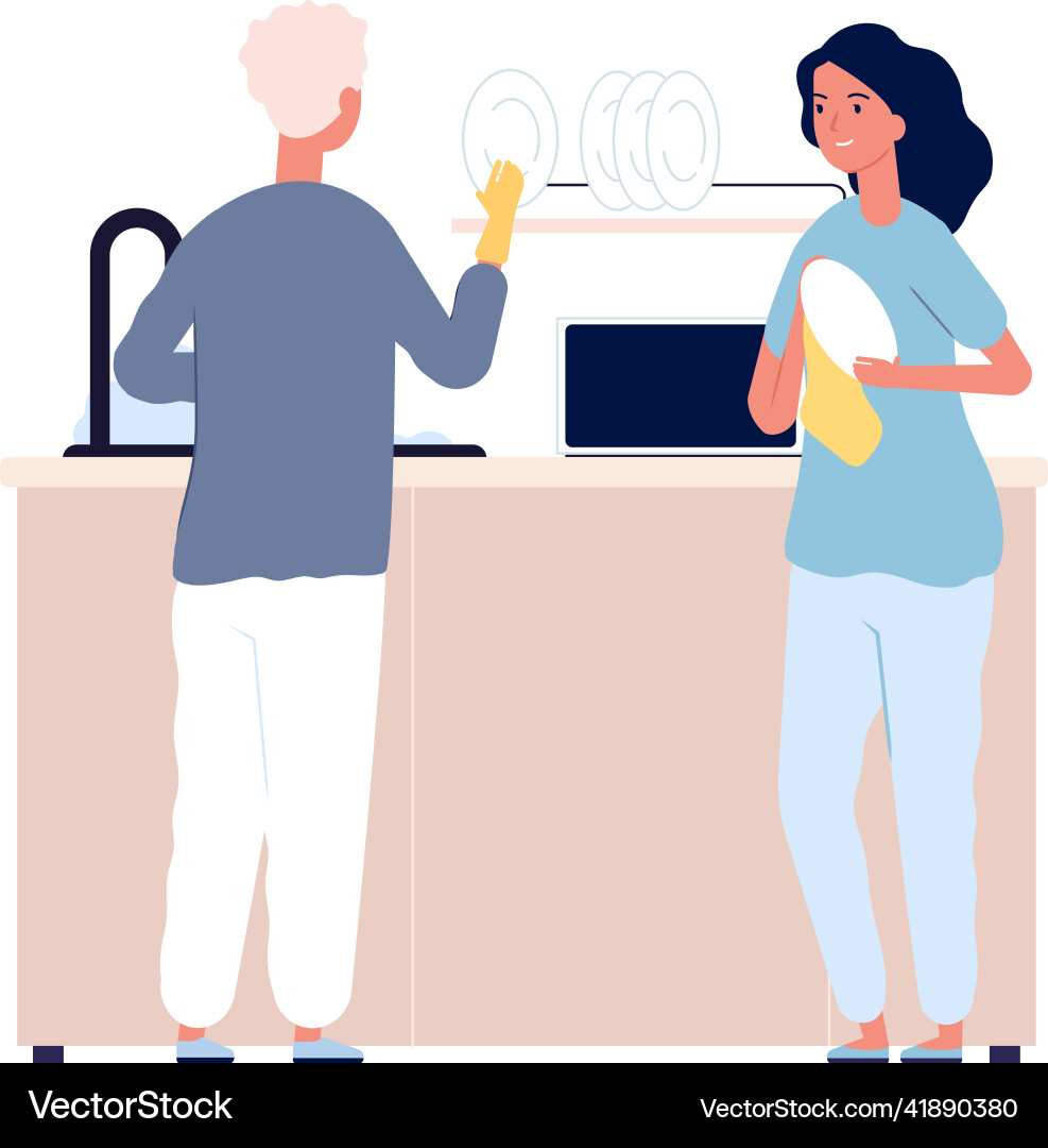 Dish Waschen Familie nach dem Abendessen Mann Frau Dish Waschen Familie nach dem Abendessen Mann Frau vektorbild