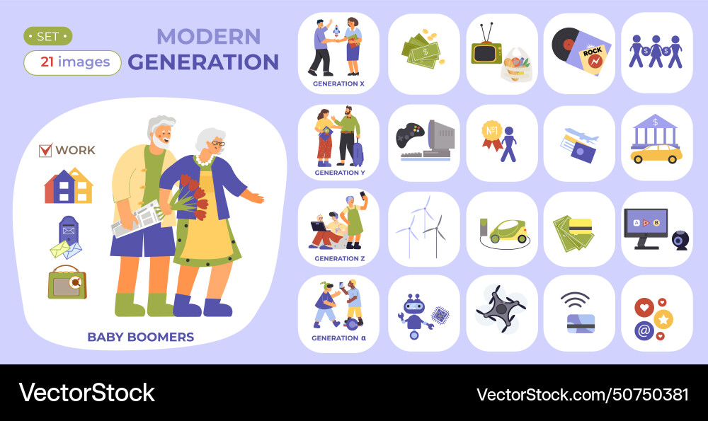 Generations flat compositions set Royalty Free Vector Image