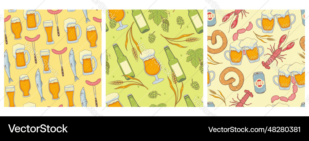 Set of seamless patterns with beer and snacks Set of seamless patterns with beer and snacks Vector Image