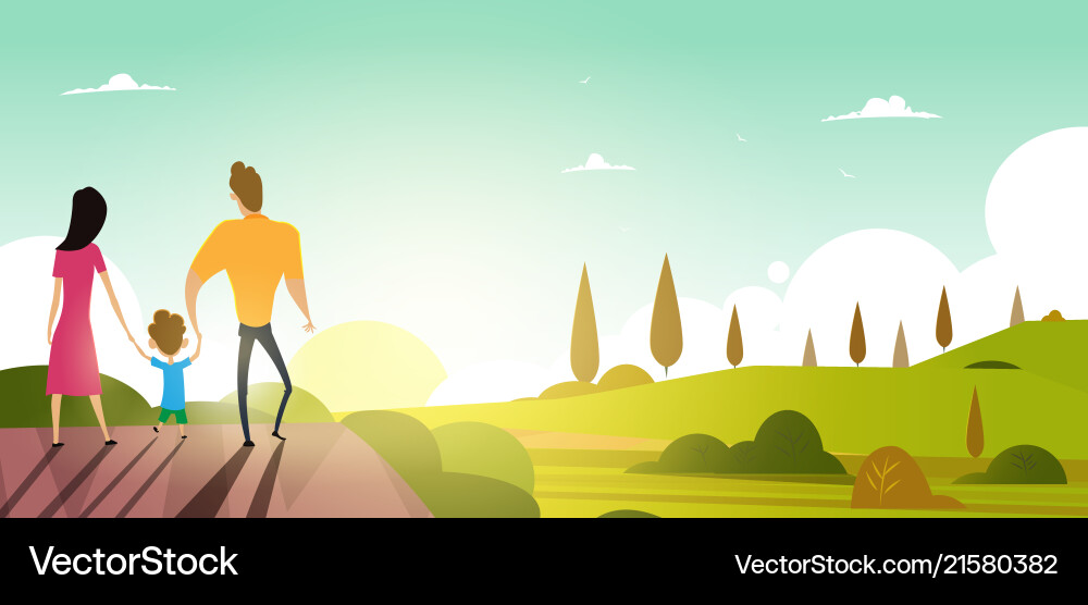 Happy family walks outdoors summer sunset Happy family walks outdoors summer sunset vector image