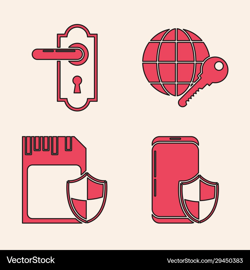 Set smartphone with security shield door handle vector image