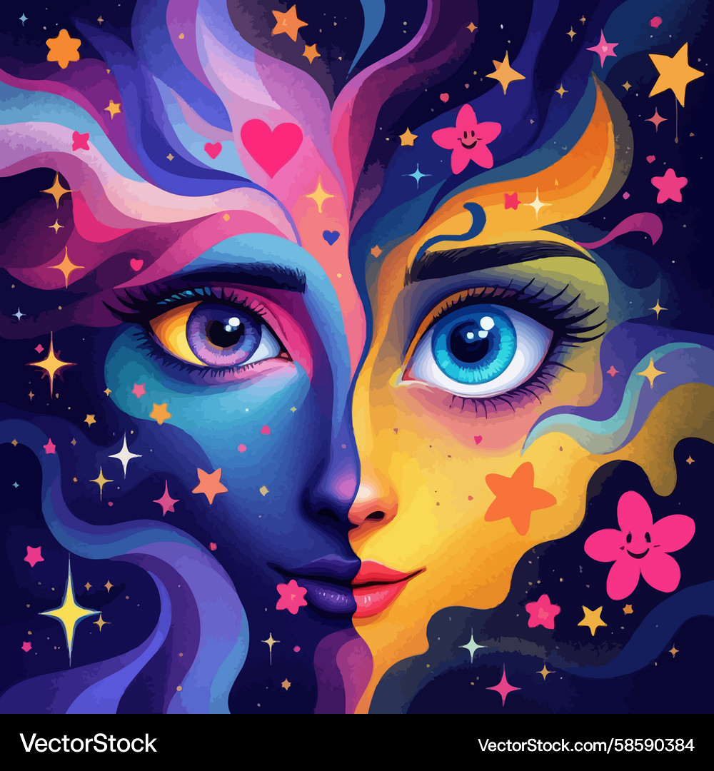 Ai-generated colorful abstract faces merging with Vector Image