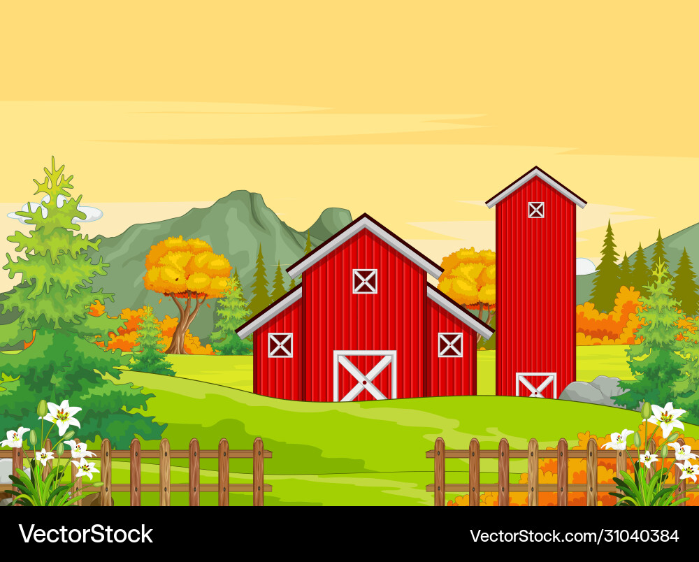 Building farm in grass field with trees cartoon Building farm in grass field with trees cartoon Vector Image