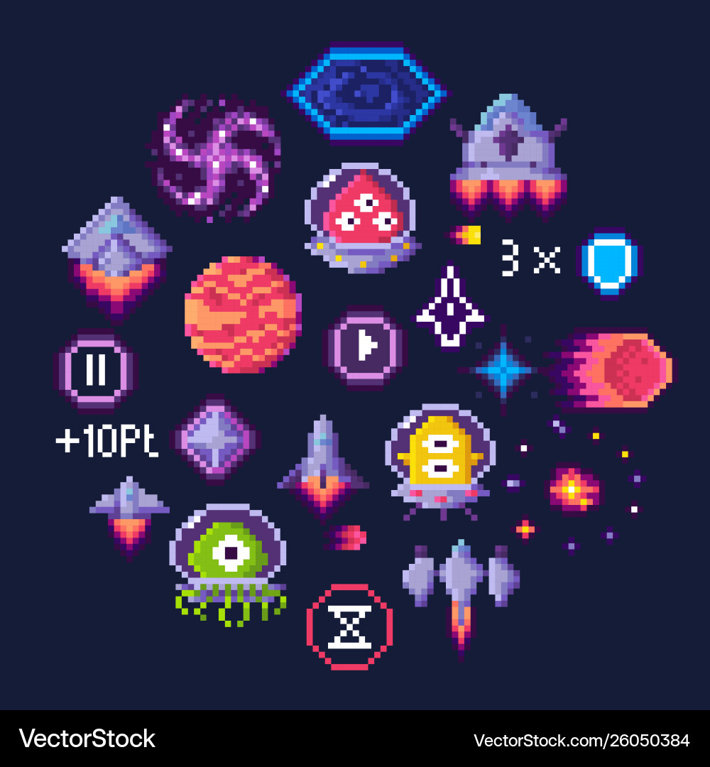Pixel Space Game Icons - Aliens & Spaceships Vector Image