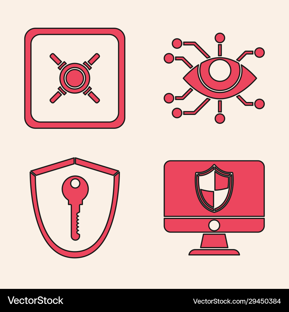 Set computer monitor and shield safe eye scan Set computer monitor and shield safe eye scan vector image