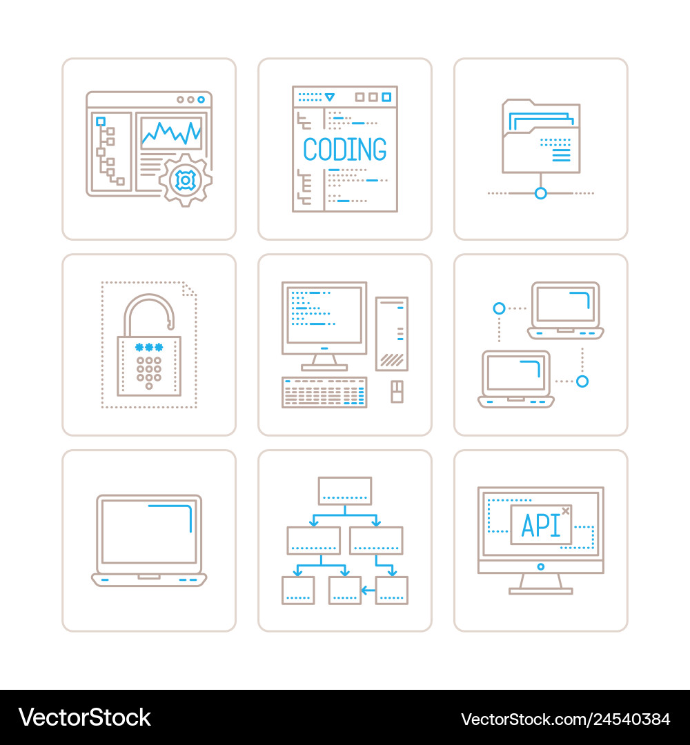 Set of computer icons and concepts in mono thin Set of computer icons and concepts in mono thin vector image