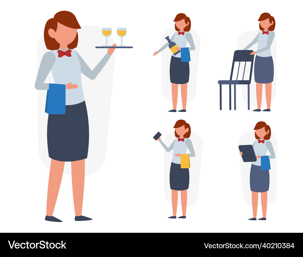 Set of waitress in cartoon character different vector image