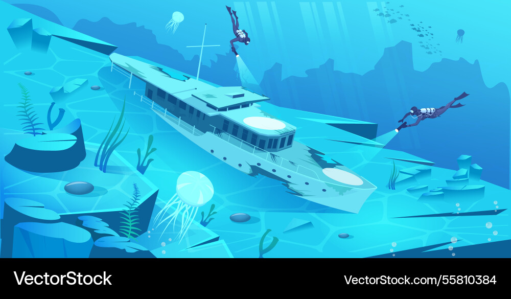 Underwater scene with scuba divers exploring Underwater scene with scuba divers exploring Vector Image