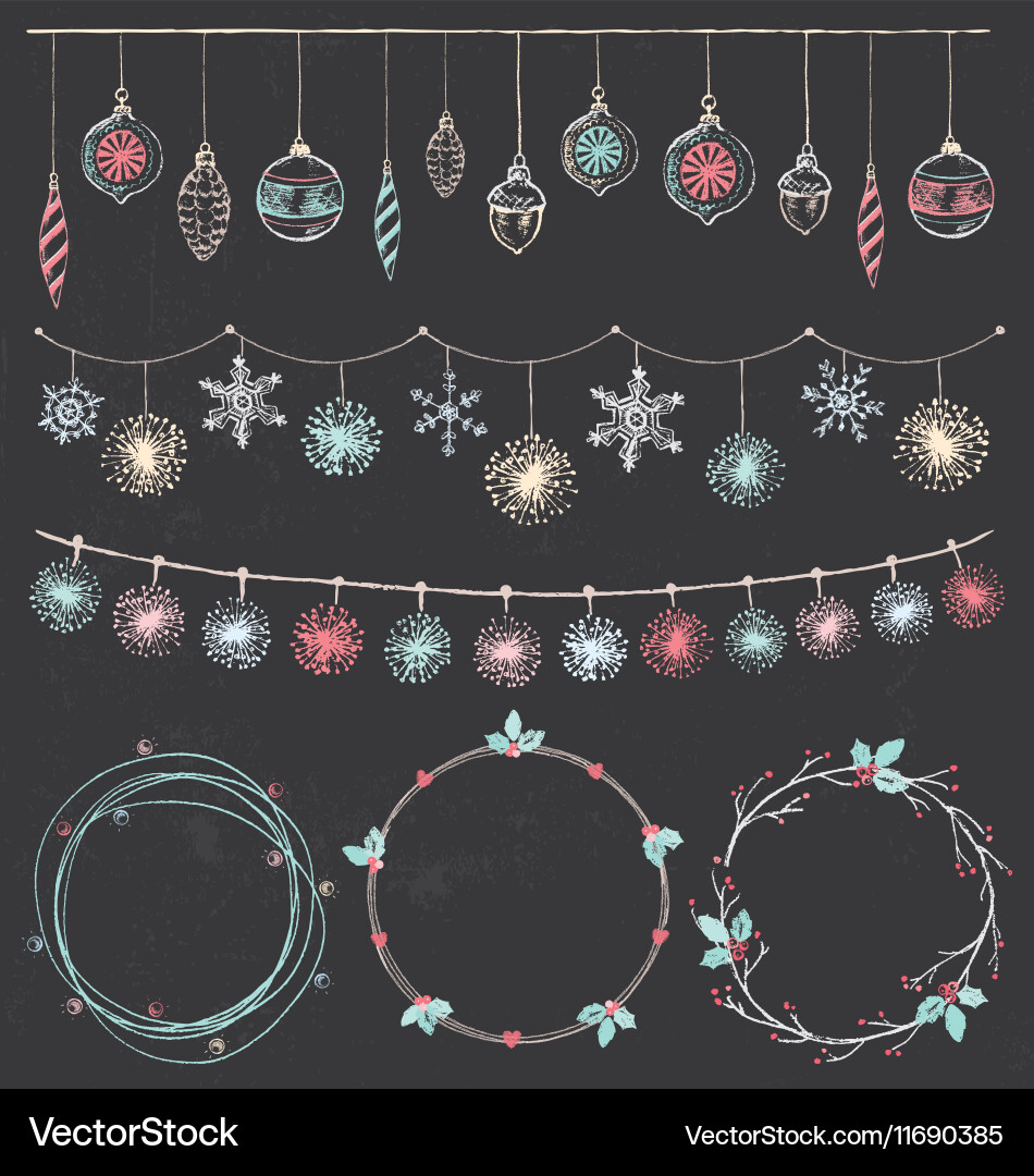 Chalk Christmas Garland & Wreath Set Vector Image