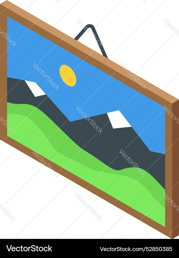 Isometric picture hanging on wall representing Isometric picture hanging on wall representing vector image