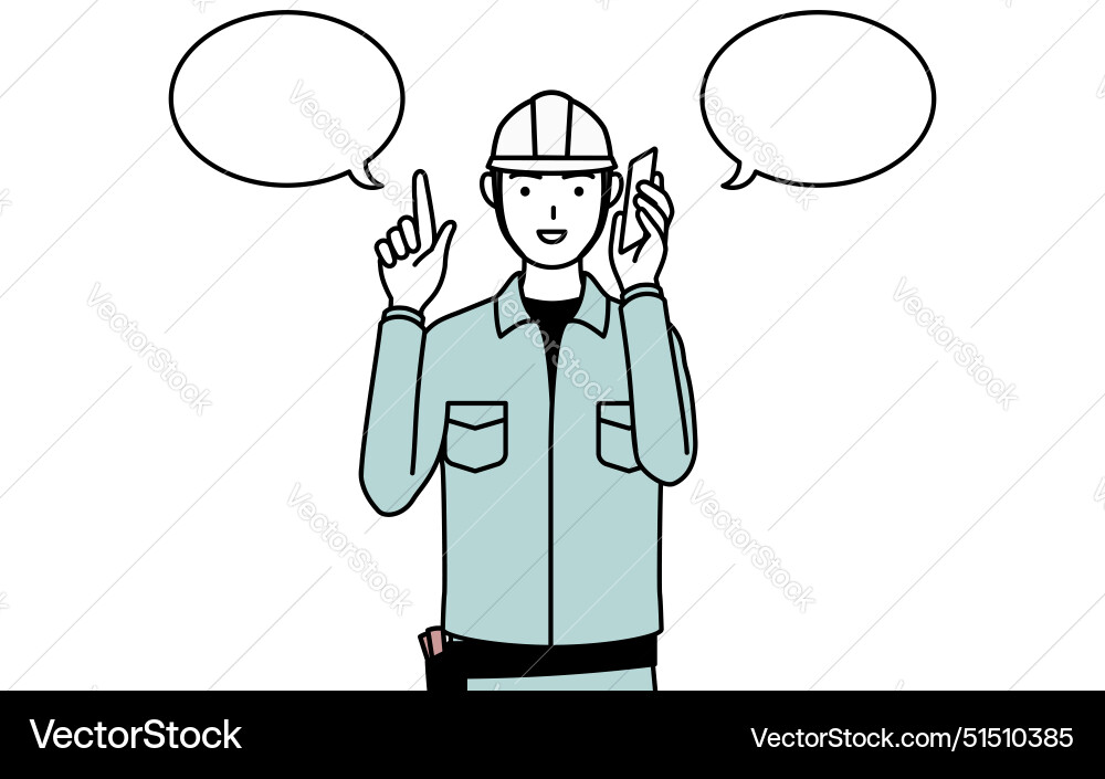 Man in helmet and workwear pointing while Vector Image