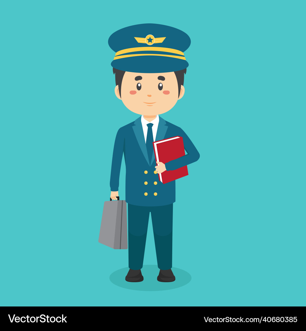 Pilot character standing with file and briefcase Pilot character standing with file and briefcase vector image