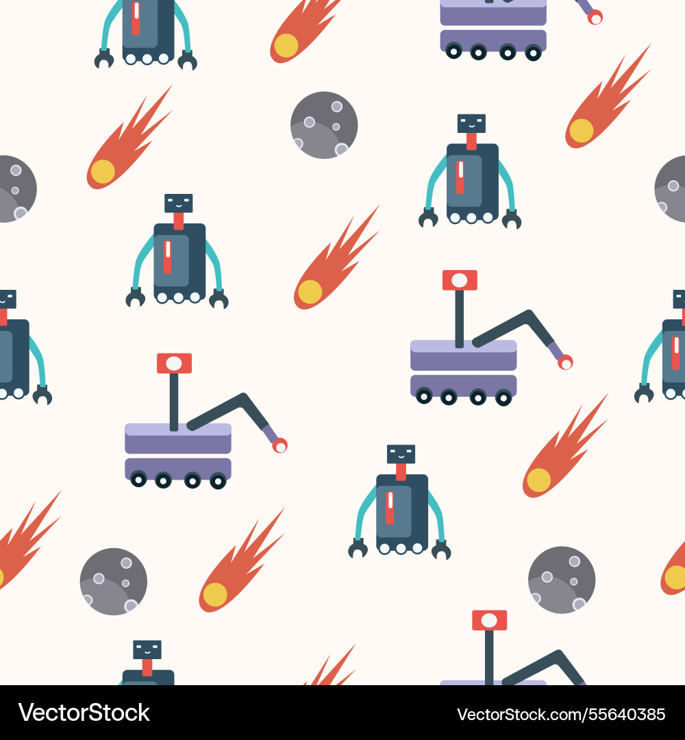 Seamless pattern featuring robots meteors Vector Image