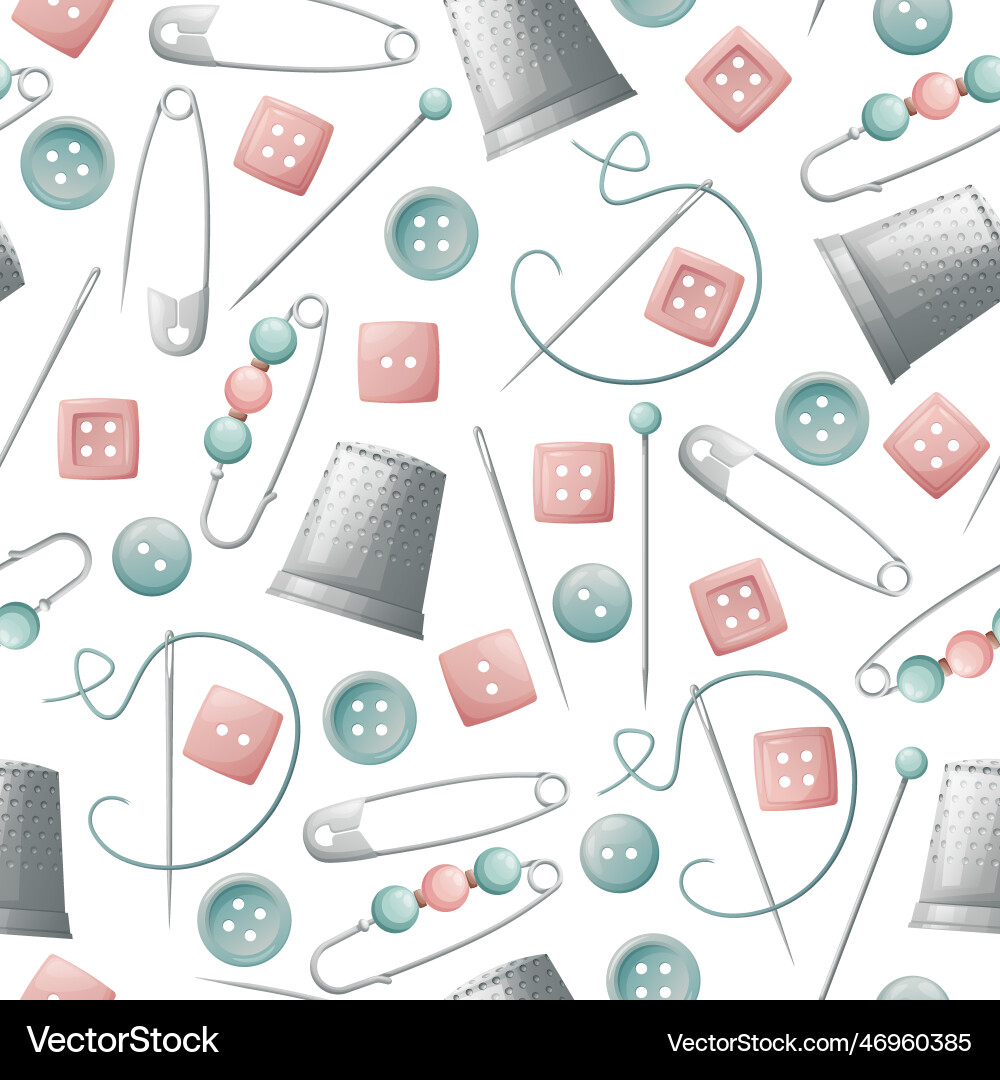Seamless pattern with pins thimble and buttons Seamless pattern with pins thimble and buttons Vector Image