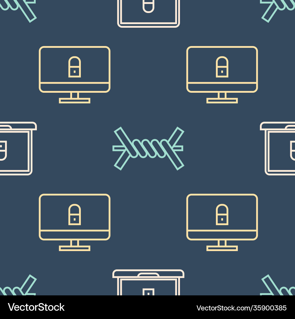 Set line laptop and lock on computer monitor Set line laptop and lock on computer monitor vector image
