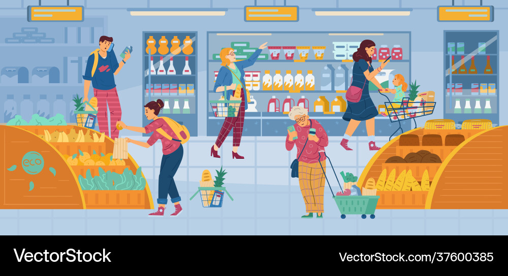 Supermarket shop interior with people choosing Supermarket shop interior with people choosing vector image
