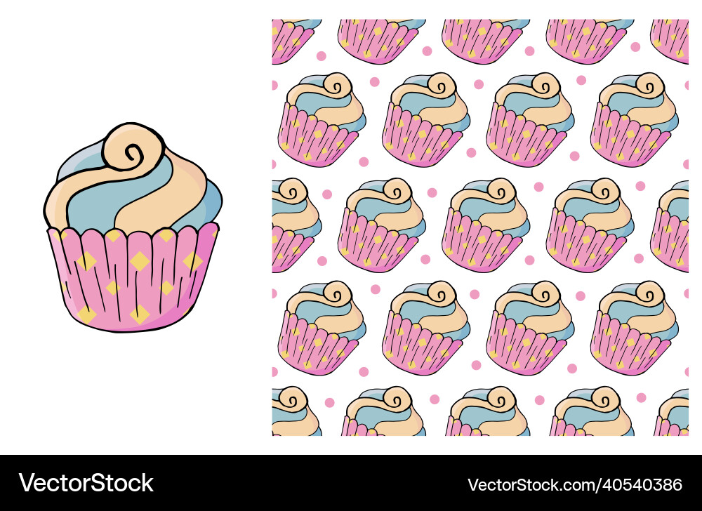 Cupcake muffin set of element and seamless pattern Cupcake muffin set of element and seamless pattern Vector Image