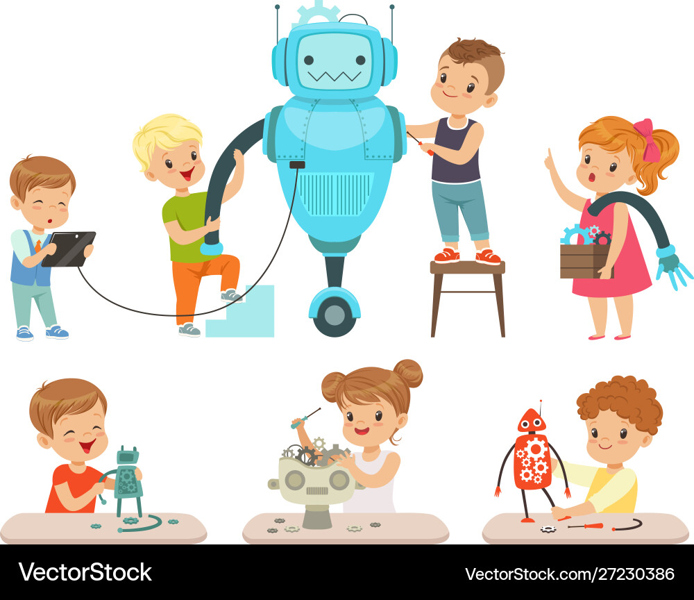 Cute little kids programming and creating smart Cute little kids programming and creating smart vector image